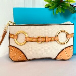 WRISTLET ~ Small Cream w/Brown Piping Tan Croc Embossed Details w/Gold Accents